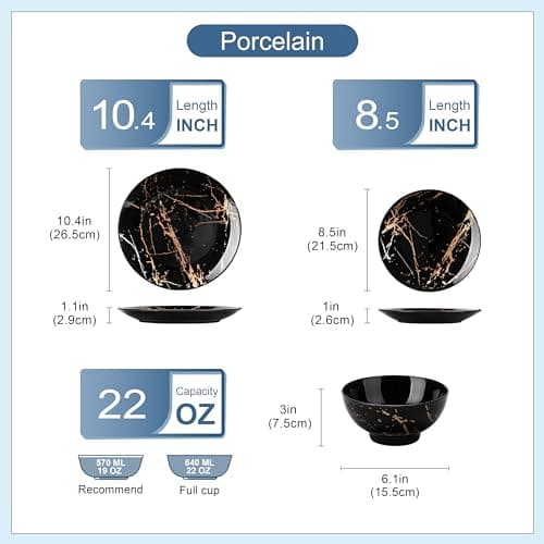 LOVECASA Black & Gold Porcelain Dinnerware Set, 12 Pieces, Dishwasher Safe