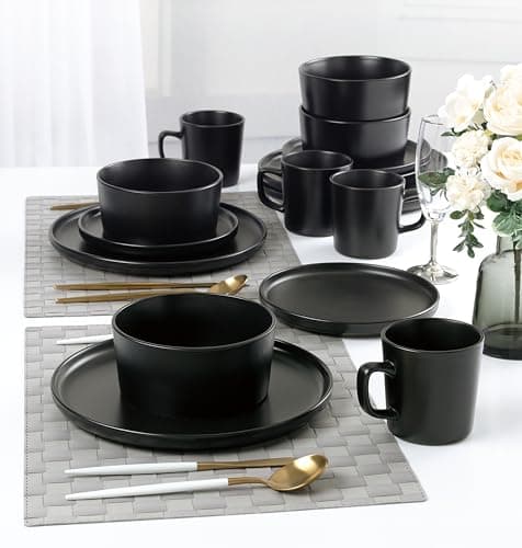 Lorren Home Trends Black Stoneware Dinnerware Set, 16-Piece, Microwave & Dishwasher Safe