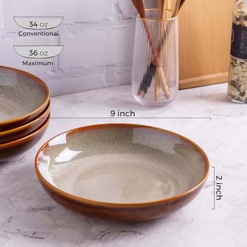 LERATIO 9.0" Reactive Glaze Ceramic Pasta Bowl Set, Microwave & Oven Safe, Wide 38oz Salad & Pasta Bowls-Khaki