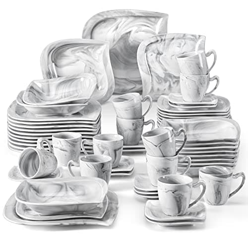MALACASA 12-Piece Marble Grey Dinnerware Set for 4 - Square Plates and Bowls for Dessert, Salad, and Soup — ELVIRA - Marble
