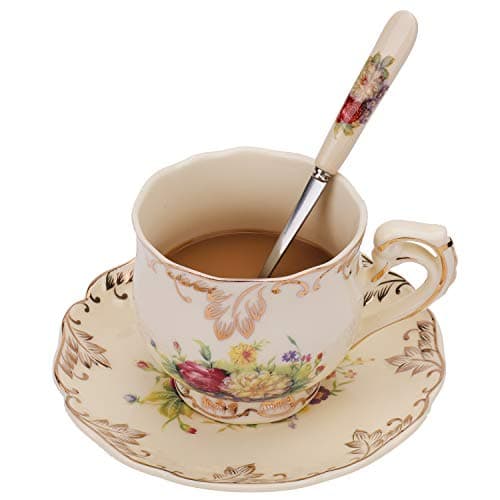 Foraineam 8 oz. Floral Ivory Ceramic Tea Cup & Saucer Set
