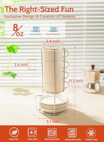 Stackable Cappuccino Cups with Saucers and Stand - Set of 4, White