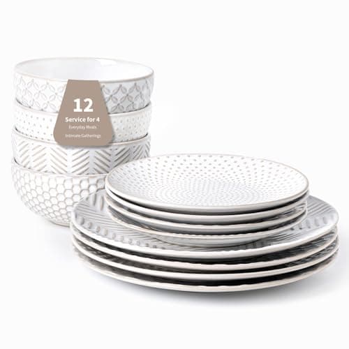 12-Piece Elegant Stoneware Dinnerware Set for 4, Microwave & Dishwasher Safe