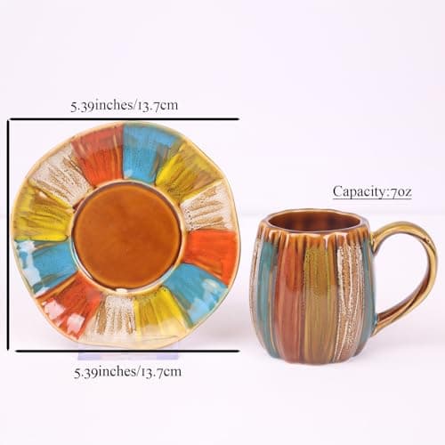 GuangYang 12-Piece Porcelain Bronze Glazed Tea Cup and Saucer Set with Rainbow Pattern 7oz