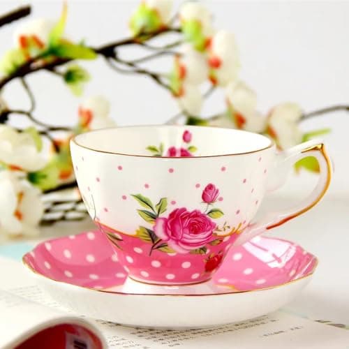 ONEUSTAR Pink Vintage Floral Bone China Tea Cup and Saucer Set — Linght Pink