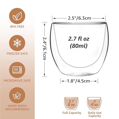 Set of 4 Double Walled Glass Espresso Shot Cups, 2.7 Oz, Dishwasher and Microwave Safe - for Espresso Lovers