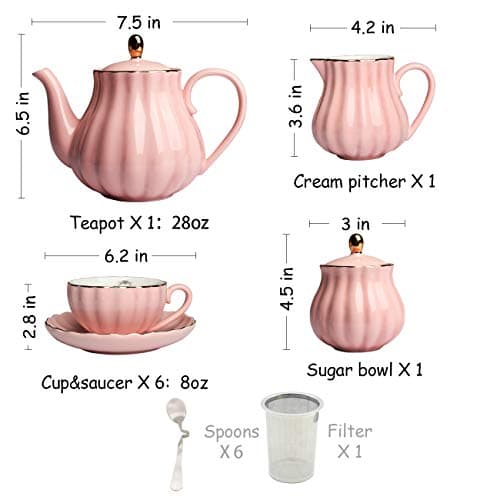 Sweejar British Royal Porcelain Tea Set, 8oz Cups & Saucer for 6 Guests, Teapot Included