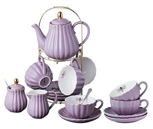 Jusalpha 17-Piece White Porcelain Tea Set Includes Cup, Saucer, Spoons, Teapot, Creamer — Purple