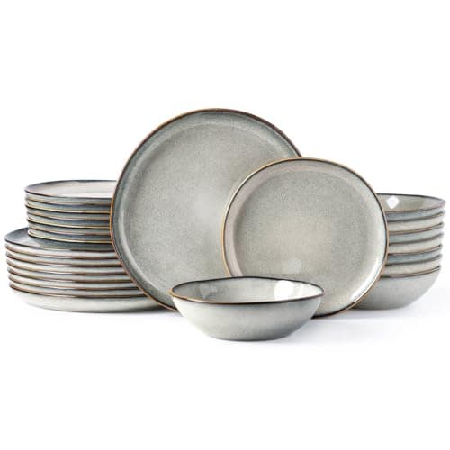 AmorArc Ceramic Dinnerware Set, Handmade Reactive Glaze Plates & Bowls, Chip & Crack Resistant, Dishwasher & Microwave S — Green Wheat