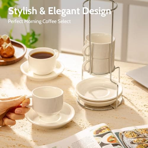 Stackable Cappuccino Cups with Saucers and Stand - Set of 4, White