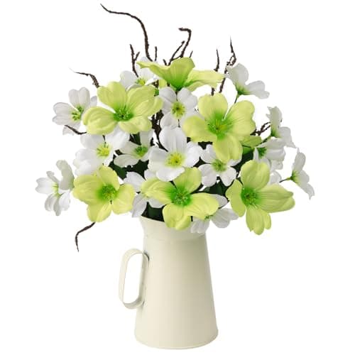 Artificial Silk Flowers with Vase for Home Office and Dining Table — White Green