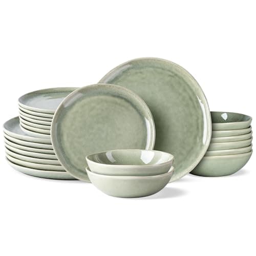 AmorArc Ceramic Dinnerware Set, Handmade Reactive Glaze Plates & Bowls, Chip & Crack Resistant, Dishwasher & Microwave S — Olive Green