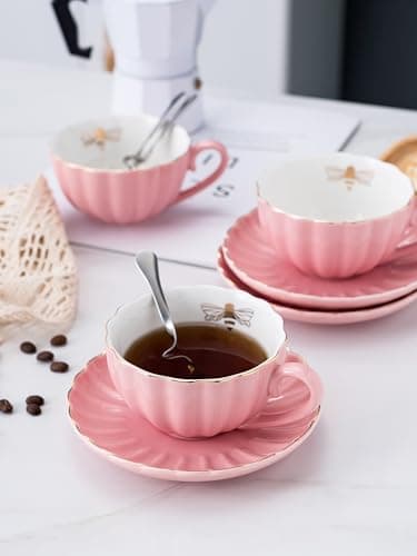 Jusalpha 17-Piece White Porcelain Tea Set Includes Cup, Saucer, Spoons, Teapot, Creamer — Pink