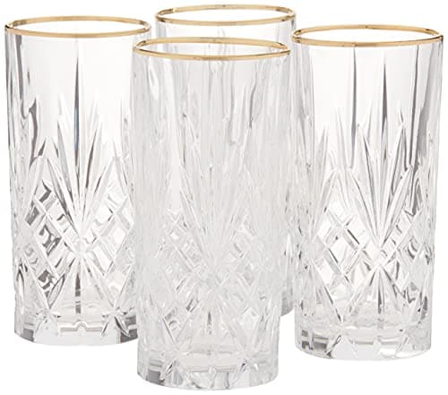 Lorren Home Trends Siena Collection Crystal Flute Glass with Gold Band, Set of 4 — High Ball