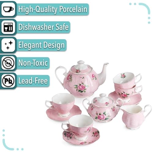 BTaT Floral Tea Set, 8oz Cups & 38oz Pot, Gift Box, China Sets