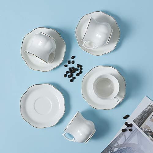 GuangYang White Cappuccino Tea Cups & Saucers, 7oz, Set of 4, Gift Box
