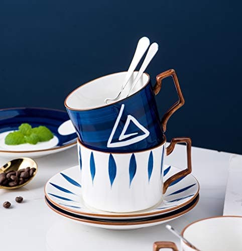 Jusalpha Japanese Style Hand Printed 7oz Fine China Tea/Coffee Cup Set with Spoon and Tray, Serve of 4