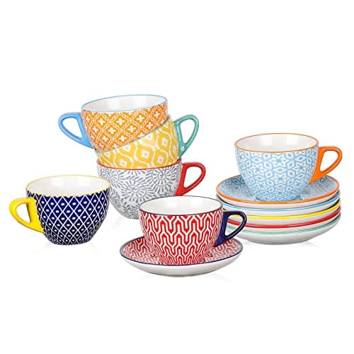Selamica Ceramic 2 oz Espresso Cups, Vintage Blue Saucers, Porcelain Latte Set of 6 — Assorted Colors