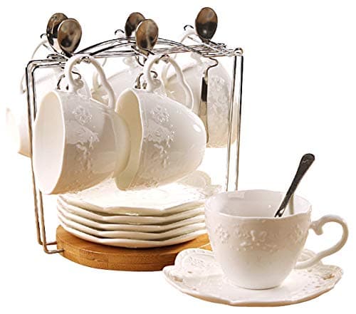 Jusalpha White Porcelain 5OZ Tea Cup and Saucer Set, Set of 6