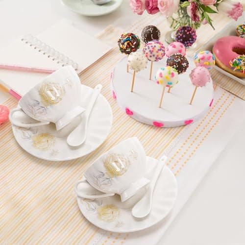 Floral Tea Cups and Saucers Set of 6, White Porcelain, Microwave Safe