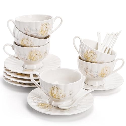 Floral Tea Cups and Saucers Set of 6, White Porcelain, Microwave Safe