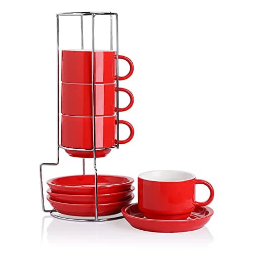 Sweejar Fog Blue Espresso Cups with Saucers - Set of 4 — Red