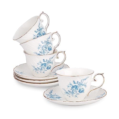 4-Piece Set of White Ceramic 6oz Coffee Mugs for Coffee, Latte, and Tea — White With Blue Flowers-Set of 4