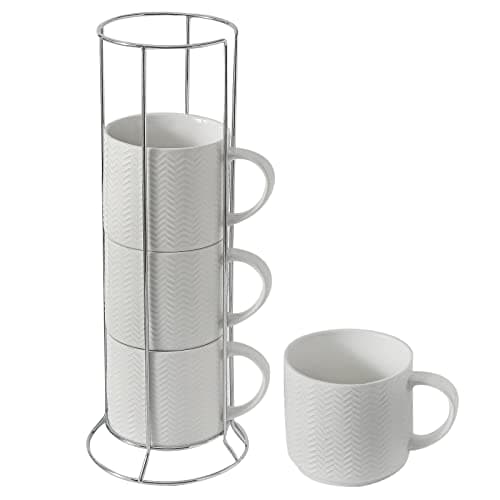 Hasense Stackable Porcelain Coffee Mugs Set of 4 with Metal Stand, 15 Ounce — Pure White