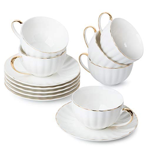 Gold Trimmed British Porcelain Cappuccino Cup Set, 6-Piece White Tea Cups