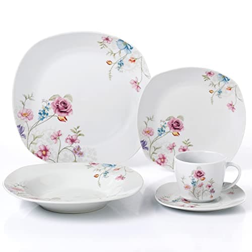 Lorren Home Trends 20 Piece White Square Dinnerware Set with Small Floral Design, Serve 4