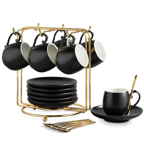LYEOBOH Black Ceramic Espresso Cup Set with Spoons & Stand, 3 oz Demitasse Mugs