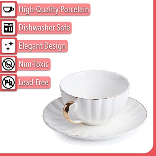 Gold Trimmed British Porcelain Cappuccino Cup Set, 6-Piece White Tea Cups