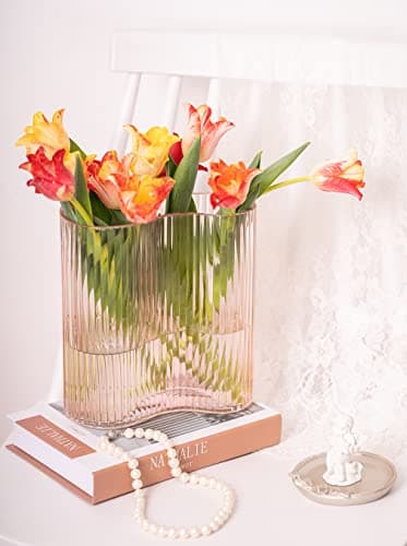 Pink Modern Footprint Striped Glass Vase for Home, Office, and Restaurant Centerpieces (8.3 Inch)