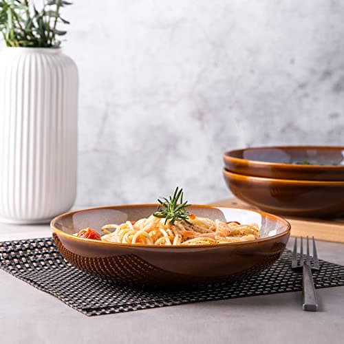 LERATIO 9.0" Reactive Glaze Ceramic Pasta Bowl Set, Microwave & Oven Safe, Wide 38oz Salad & Pasta Bowls-Khaki