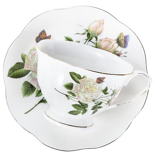 Foraineam Porcelain Ivory Tea Cup and Saucer Set, Gold Trim, 6 Pieces