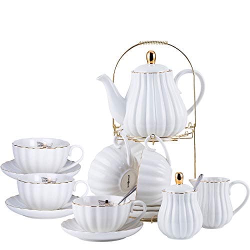 Jusalpha 17-Piece White Porcelain Tea Set Includes Cup, Saucer, Spoons, Teapot, Creamer — White