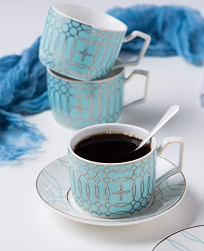 Jusalpha Mint Green Tea Cup and Saucer Set for 4 (Blue)