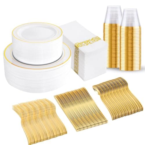 B UCLA 350PCS Gold Plastic Dinnerware Set for 50 Guests Party Supplies