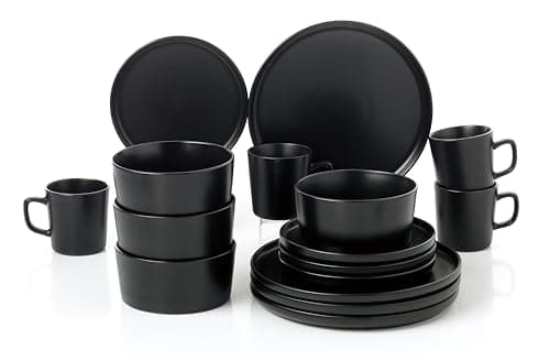 Lorren Home Trends Black Stoneware Dinnerware Set, 16-Piece, Microwave & Dishwasher Safe