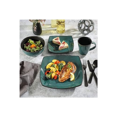 Gibson Elite Soho Lounge Dinnerware Set, Soft Square, Teal, Service for 4 (16pc)