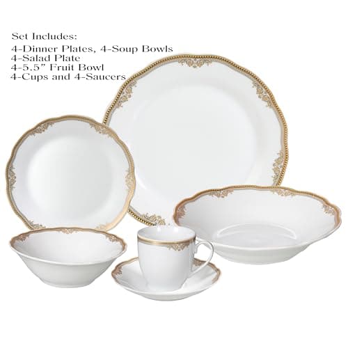 Lorren Home Trends Catherine 24-Piece Porcelain Dinnerware Set, Gold