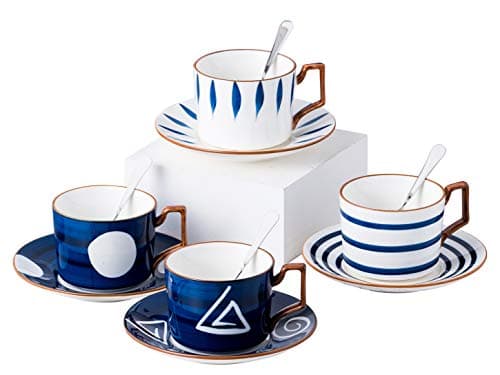 Jusalpha Japanese Style Hand Printed 7oz Fine China Tea/Coffee Cup Set with Spoon and Tray, Serve of 4
