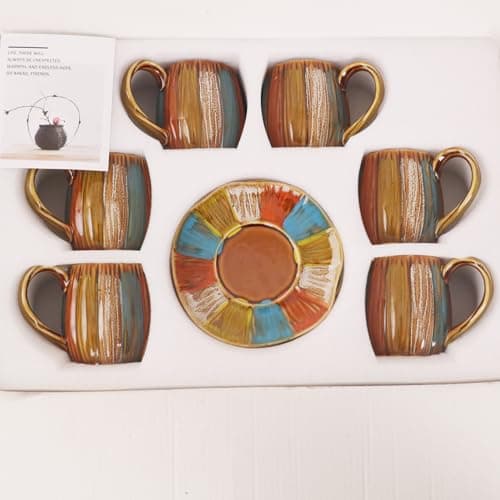 GuangYang 12-Piece Porcelain Bronze Glazed Tea Cup and Saucer Set with Rainbow Pattern 7oz