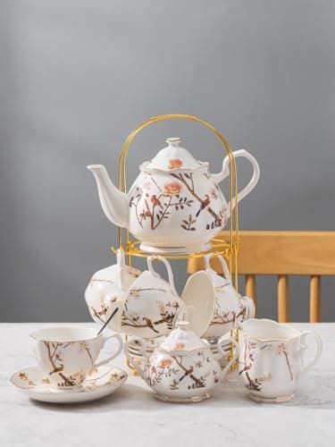 Jusalpha Fine China Bird Tree Pattern 4-Piece Coffee/Tea Set with Teapot, Sugar Bowl, Cream Pitcher & Teaspoons
