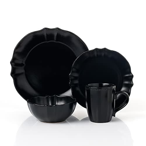 Lorren Home Trends 16 Piece Scalloped Edge Black Dinnerware, Medium