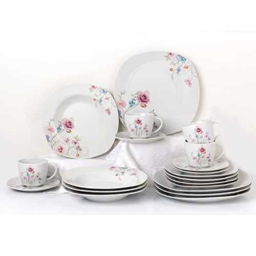 Lorren Home Trends 20 Piece White Square Dinnerware Set with Small Floral Design, Serve 4