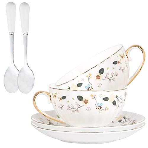 European Royal Porcelain Tea Cup & Coffee Set, 2 Tea Cups & 2 Coffee Mugs with Saucers & Spoons & Gift Box