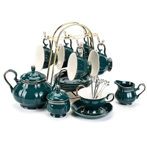 Chenp.HMC 22-Piece Porcelain Coffee Tea Set with Teapot, Cups & Saucers (WHITE3) — Dark Green