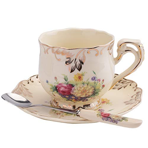 Foraineam 8 oz. Floral Ivory Ceramic Tea Cup & Saucer Set