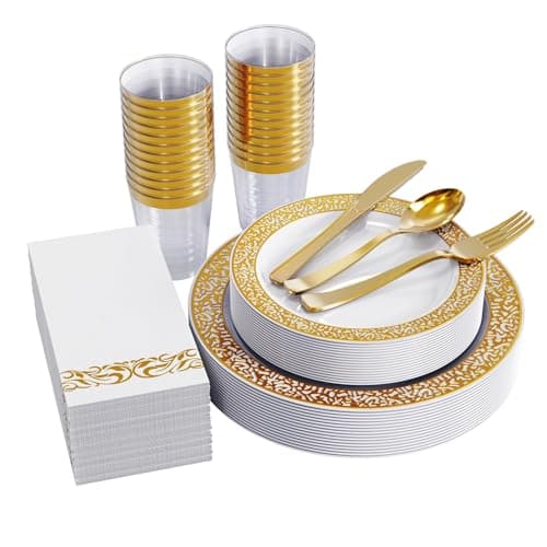 FOCUSLINE 175 Gold Dinnerware Set for 25 Guests: White Plastic Plates with Gold Lace Trim, Includes Dinner Plates, Dessert Plates, Silverware, Cups, and Napkins